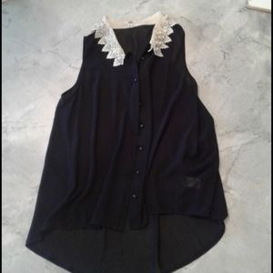 Button front blouse with a pearl and lace collar